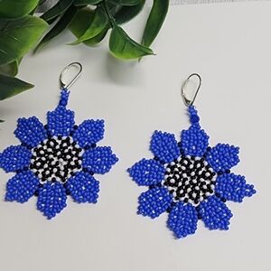 Floral Beaded Sunflower  Earrings in Blue and Black